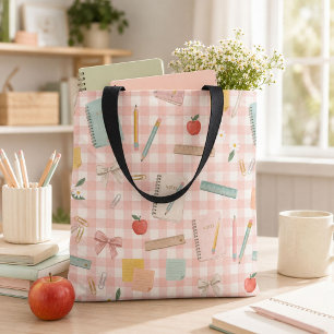 Bolsa Tote Saco de Tecido Xadrez Rosa Aguarela para Professor