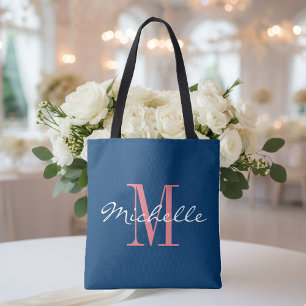Bolsa Tote Saco de toa de casamento do monograma azul-coral e