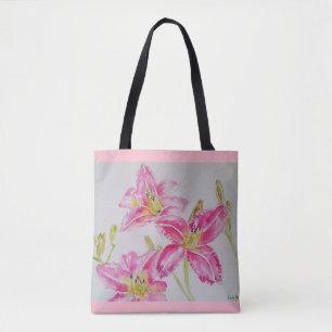 Bolsa Tote Saco de Toque de Aquarela Floral com Lírios Rosa