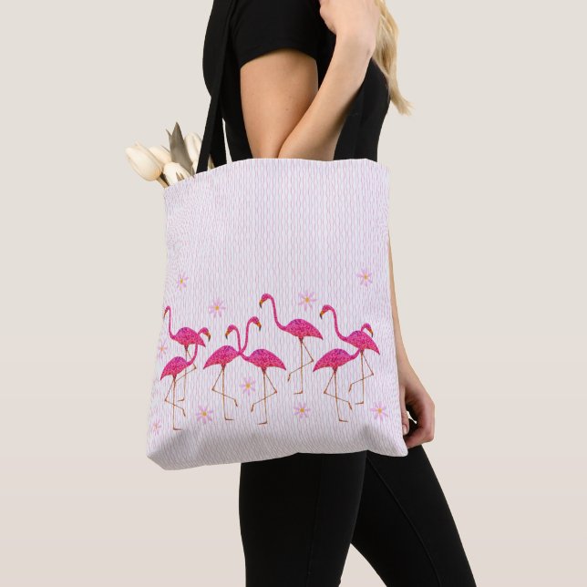 Bolsa Tote Saco de Toque de Flamingos Rosa (Close Up)