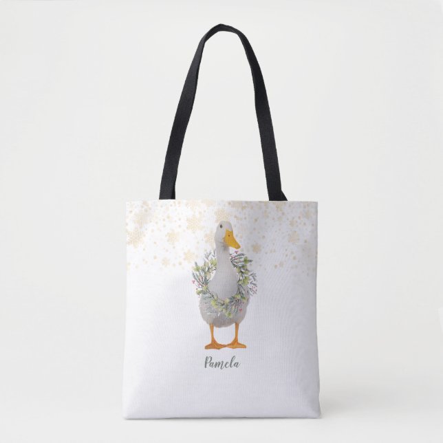 Bolsa Tote Saco de Toque de Pato Branco de Natal (Frente)