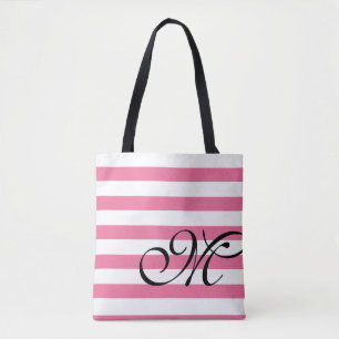 Bolsa Tote Saco de Toque Rosa de Monograma e Listras