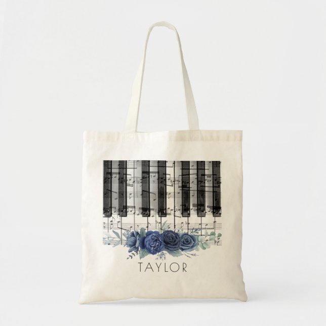 Bolsa Tote saco de toques de rosas de piano azul (Frente)