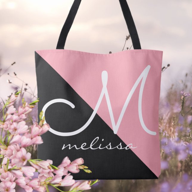 Bolsa Tote Saco de Toques Grande Preto e Rosa com Monograma d (pink & black modern monogrammed tote)