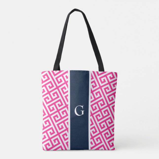 Bolsa Tote Saco de Toques Grego - Monograma Rosa Quente (Verso)