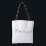 Bolsa Tote Saco de Toques Pretos do Script Victoria Bridesmai<br><div class="desc">Mala de tote de Bridesmaid com lindos argumentos pretos e nome personalizado em ambos os lados. Abra as precintas duplas do ombro superior e preto para um carregando fácil. Kimberly Brett.</div>