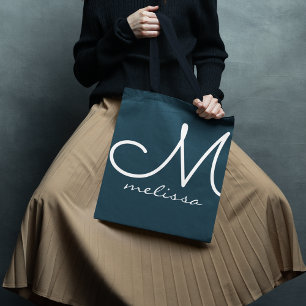 Bolsa Tote Saco De Tota Azul Escuro Cinzento Com O Nome Dela