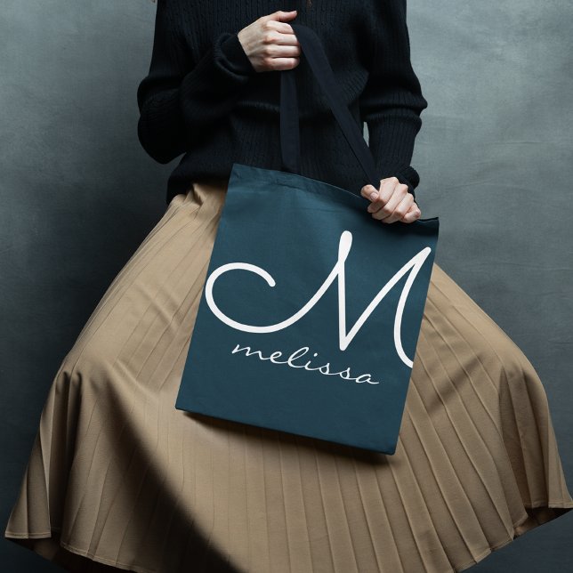 Bolsa Tote Saco De Tota Azul Escuro Cinzento Com O Nome Dela (Criador carregado)