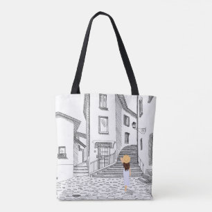 Bolsa Tote Saco de Tota Elegante com Cidade Velha Desenhada à