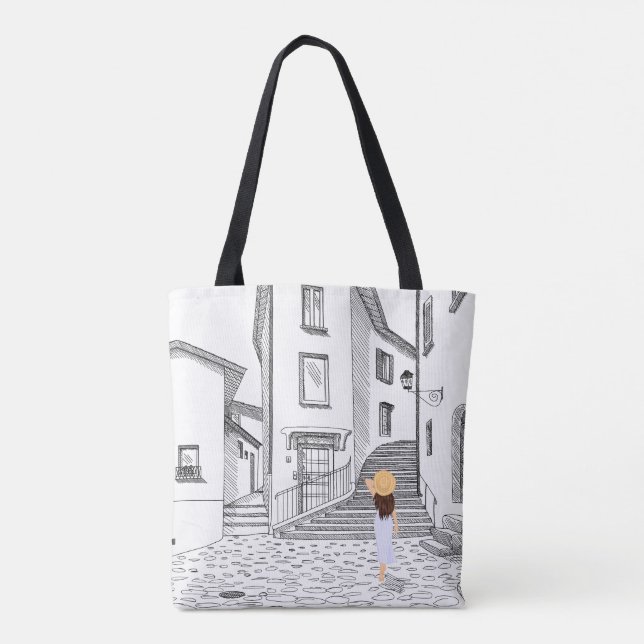 Bolsa Tote Saco de Tota Elegante com Cidade Velha Desenhada à (Verso)