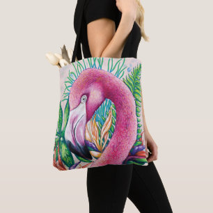 Bolsa Tote Saco de Tota Flamingo, Rosa Tropical Engraçado