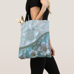 Bolsa Tote Saco de Tota Floral Branco Teal
