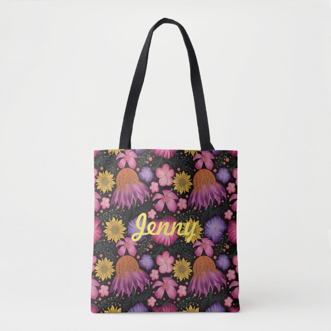 Bolsa Tote Saco de Tota Personalizado Floral Preto (Frente)