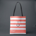 Bolsa Tote Saco de Tota Personalizado por Âncora Náutica de F<br><div class="desc">Ângulo náutico sobre coral vivo e fundo branco de stripe,  festa de noiva personalizada. Personalizar texto,  estilo de fonte,  cor e tamanho. As faixas mostradas nos corais vivos podem ser personalizadas para a sua escolha de cor.</div>