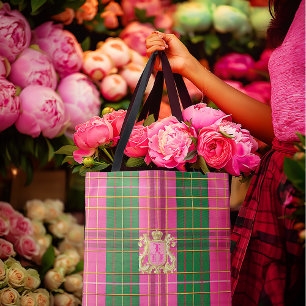 Bolsa Tote Saco de Tota, Rosa e Xadrez Verde, Monograma