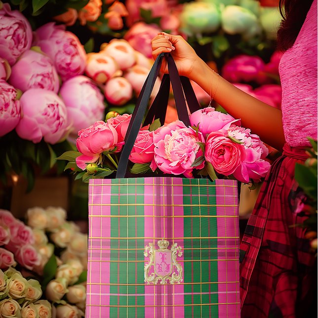 Bolsa Tote Saco de Tota, Rosa e Xadrez Verde, Monograma (Chic Luxe Plaid Green and Pink Crest Monogrammed Tote)