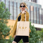 Bolsa Tote Saco de Tote de Casamento Minimalista do Monograma<br><div class="desc">Saco de Tote de Casamento Minimalista do Monograma Dourado Elegante</div>