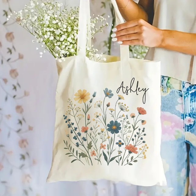 Bolsa Tote Saco de Tote de Flor Selvagem Personalizado para M (wildflowers tote bag, personalized tote bag, floral tote bag, bridesmaid proposal gift, teacher gift)