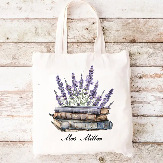 Bolsa Tote Saco de Tote de Livro Floral de Lavanda Personaliz (custom tote for teachers, teacher's book tote, back to school gift, teacher appreciation gift,)
