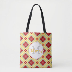 Bolsa Tote Saco do Monograma da Xadrez Vermelha
