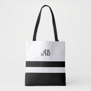 Bolsa Tote Saco do Monograma em Forma de Linho Preto e Branco