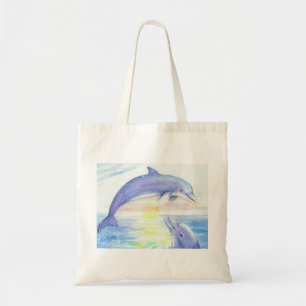 Bolsa Tote Saco do por do sol da aguarela de dois golfinhos