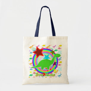 Bolsa Tote Saco do presente do dinossauro verde com seu nome