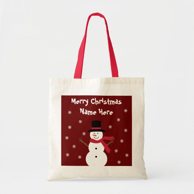 Bolsa Tote Saco feliz do presente do Natal do boneco de neve (Frente)