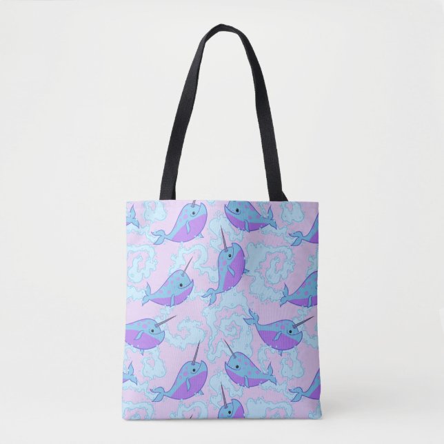 Bolsa Tote Saco feliz do teste padrão de Narwhal (Frente)