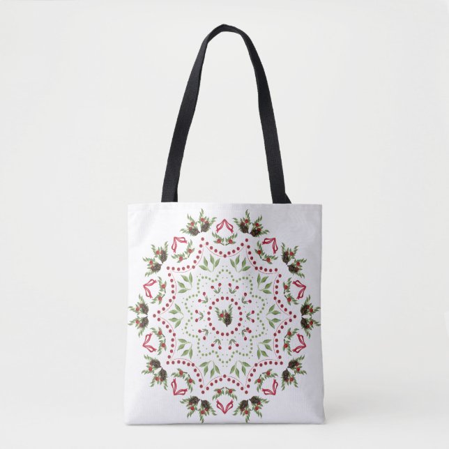 Bolsa Tote Saco Mandala com pinhas e bagas com texto (Frente)