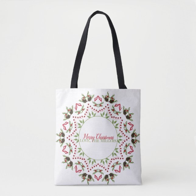 Bolsa Tote Saco Mandala com pinhas e bagas com texto (Frente)
