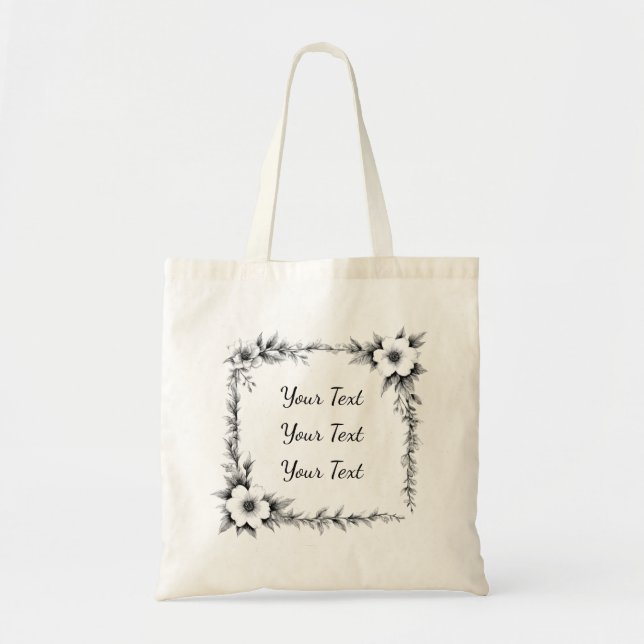 Bolsa Tote Saco Personalizado com Moldura Floral Quadrada (Frente)
