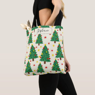 Bolsa Tote Saco Personalizado Estrela de Árvore Verde Festiva