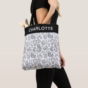Bolsa Tote Saco Personalizado Preto e Branco de Professora de