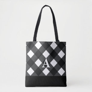 Bolsa Tote Saco preto de tota de xadrez branca com inicial(s)