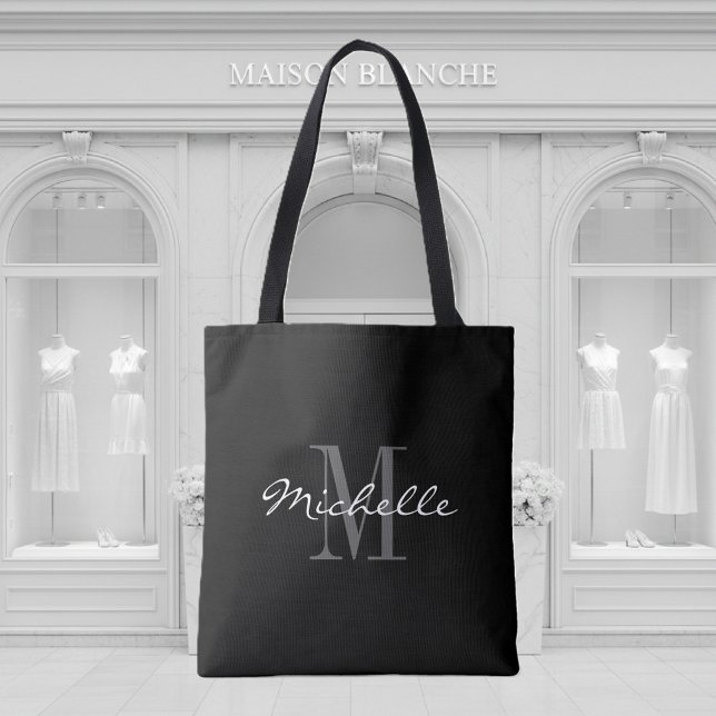 Bolsa Tote Saco preto e branco de monograma preto e branco (Criador carregado)