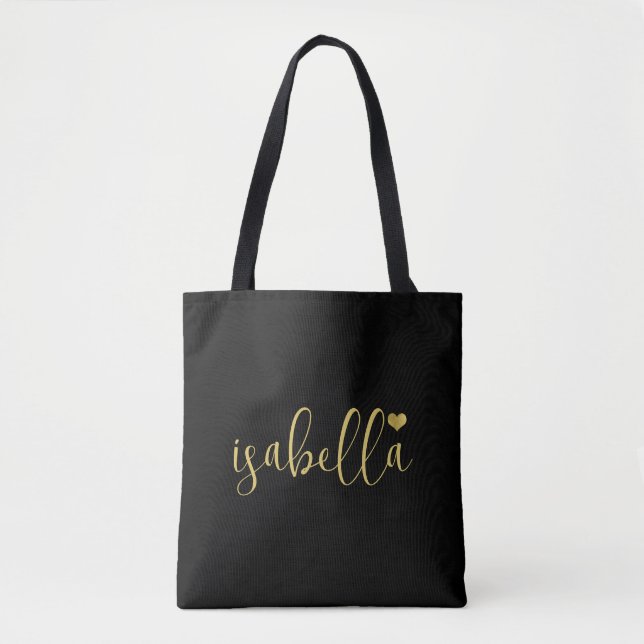 Bolsa Tote Saco Preto Nome em Roteiro Dourado Personalizado p (Frente)