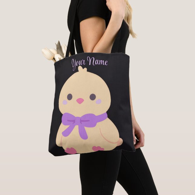 Bolsa Tote Saco preto personalizado com laço roxo de frango f (Close Up)
