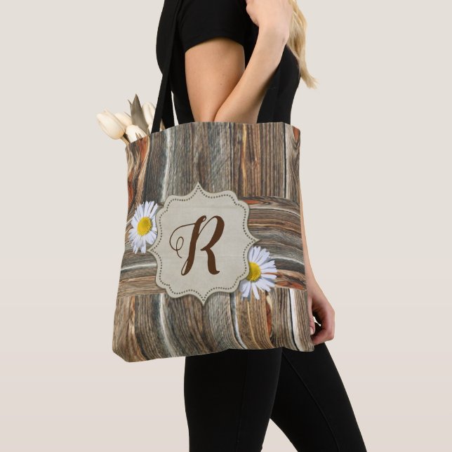 Bolsa Tote Saco Rustic Barnwood and Daisies (PERSONALIZADO IN (Close Up)