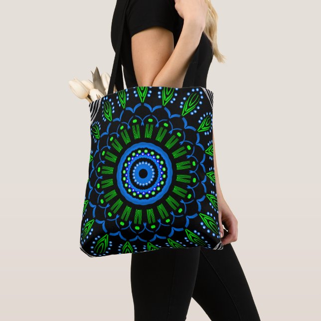 Bolsa Tote Saco saco Jimette Desenho Mandala verde azul (Close Up)