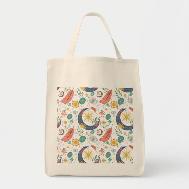 Bolsa Tote Saco Tote Boho Celestial com Bolsilho Cheio de Bri (Frente)