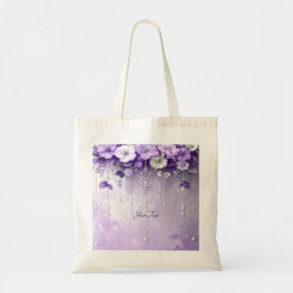 Bolsa Tote Saco Tote com Flores Roxas e Pérolas Penduradas