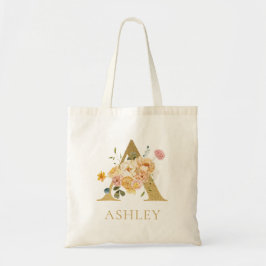 Bolsa Tote Saco Tote com Monograma de Letra Dourada Floral em