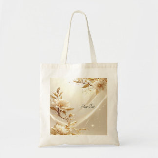 Bolsa Tote Saco Tote de Flores Brancas e Douradas