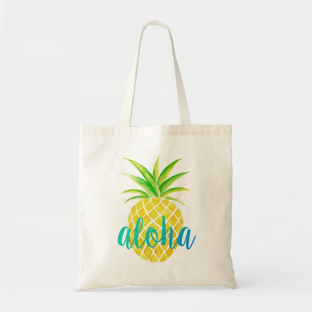 Bolsa Tote Saco tropical de turquesa da aguarela do abacaxi (Frente)