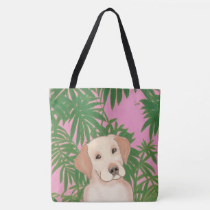Bolsa Tote Saco tropical rosa com laboratório amarelo