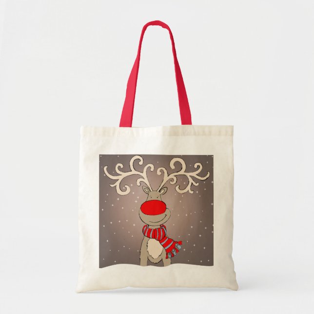 Bolsa Tote Saco vermelho, cinzento & natural da rena do Natal (Frente)