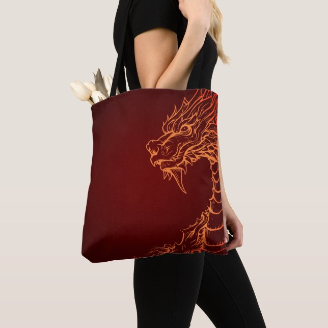 Bolsa Tote Saco vermelho profundo com Impressão de dragão col (Close Up)