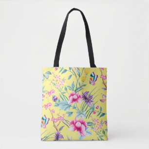 Bolsa Tote Sacola amarela floral & de borboletas do teste
