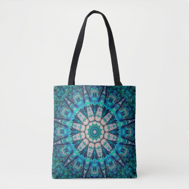 Bolsa Tote Sacola azul do impressão da mandala toda sobre - (Frente)